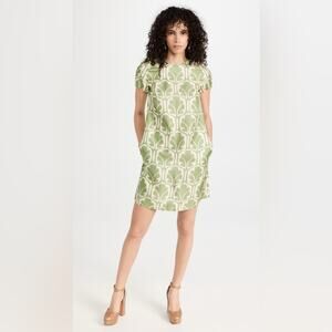 LA DoubleJ Green and Cream print swing Midi Dress Italy silk XS
